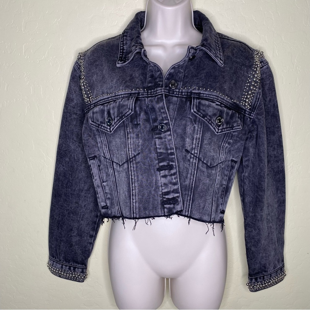 Forever 21 Premium Black Distressed Denim Studded Jacket Size S - Picture 2 of 16
